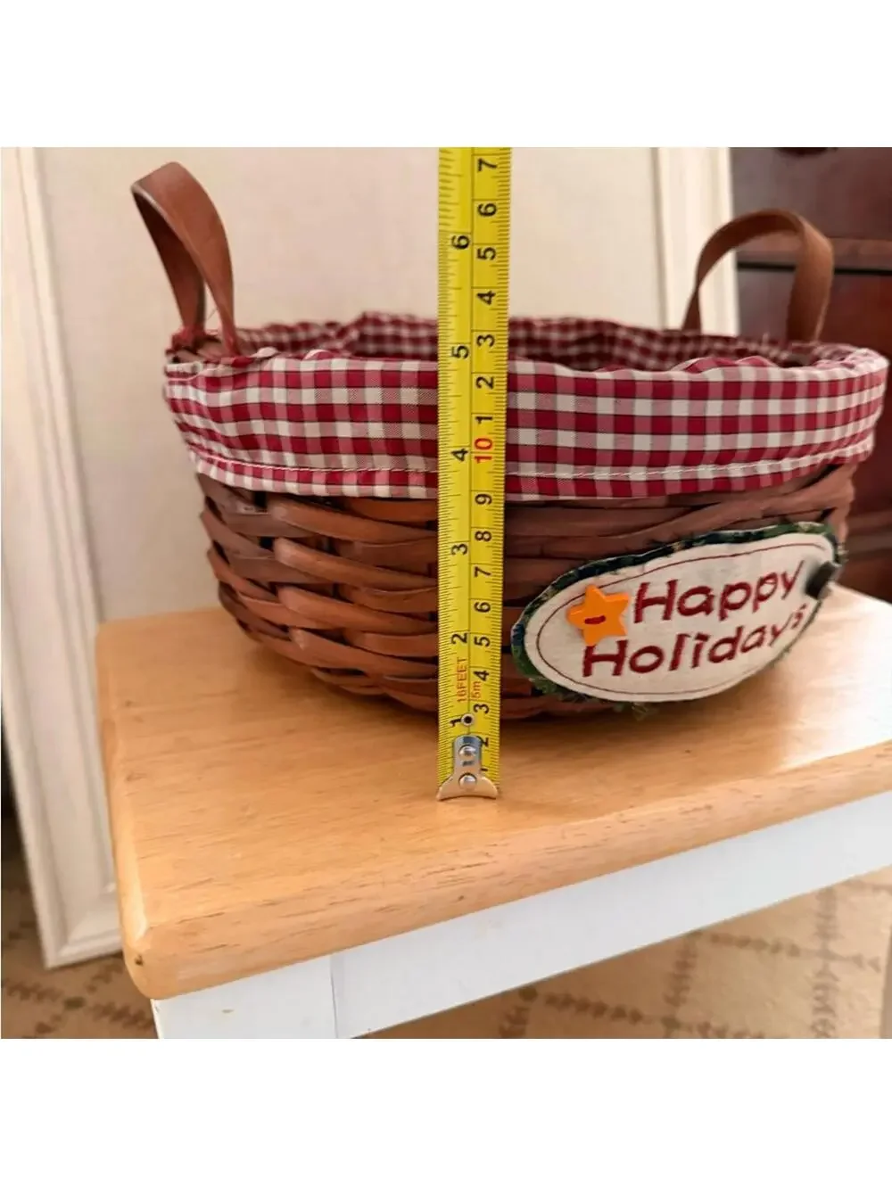 Vintage Country charm Christmas holiday basket with a red gingham fabric liner.